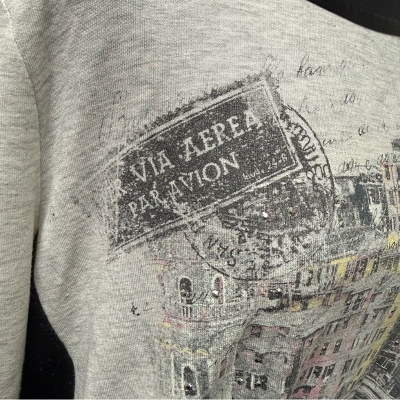 Cato Cream Black Graphic Top XL Paris City Print Rhinestone Long Sleeve - Picture 4 of 12